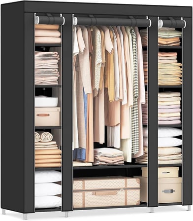 SONGMICS gardırop, kumaş gardırop, dokunmamış kumaş kapaklı, elbise askılı katlanır gardırop, 45 x 150 x 175 cm, 12 raf, metal çerçeve, yatak odası için gardırop, gri LSF03G