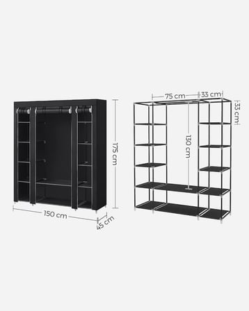 SONGMICS gardırop, kumaş gardırop, dokunmamış kumaş kapaklı, elbise askılı katlanır gardırop, 45 x 150 x 175 cm, 12 raf, metal çerçeve, yatak odası için gardırop, gri LSF03G