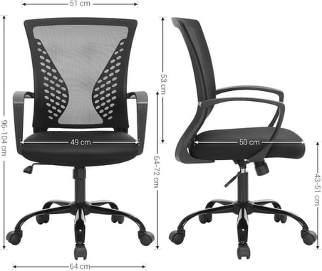 Ofis Sandalyesi, 360 Döner Sandalye, Sallanma Fonksiyonlu, Nefes Alabilir, Ofis, Çalışma Odası, 120 Kg'a Kadar Taşıyabilir, Siyah, OBN22BK - TEŞHİR