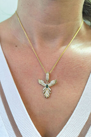 Yeşil Taşlı Zümrüdü Anka Kuşu Altın Kolye