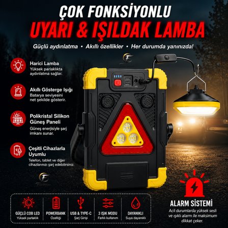 HB-7139 Solar Şarjlı Çok Fonksiyonlu Işıldak – 2400 mAh Powerbank, Harici Asma Lamba, Sesli Uyarı