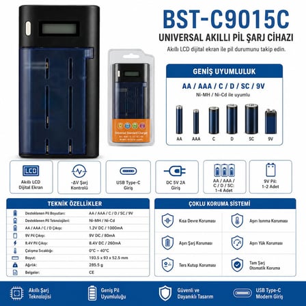 Beston BST-C9015C (AA-AAA-C-D-9V-SC) Universal Tüm Boylar Dijital Ekranlı Pil Şarj Cihazı