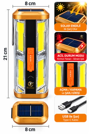 Güneş Enerjili Solar Şarjlı Acil Durum Deprem Lambası & Kamp Feneri - 4 Kademeli Beyaz Işık