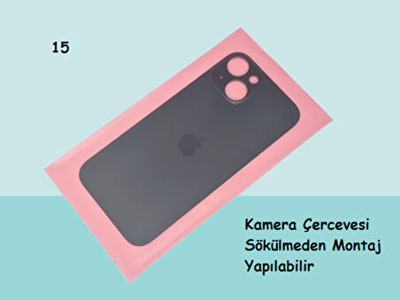 Tkgz - iPhone 15 Arka Pil Batarya Kapağı - Cam kapak Geniş Lens Deliği - SİYAH