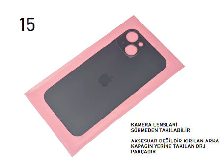 Tkgz - iPhone 15 Arka Pil Batarya Kapağı - Cam kapak Geniş Lens Deliği - SİYAH