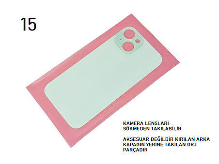 Tkgz - iPhone 15 Arka Pil Batarya Kapağı - Cam kapak Geniş Lens Deliği - YEŞİL