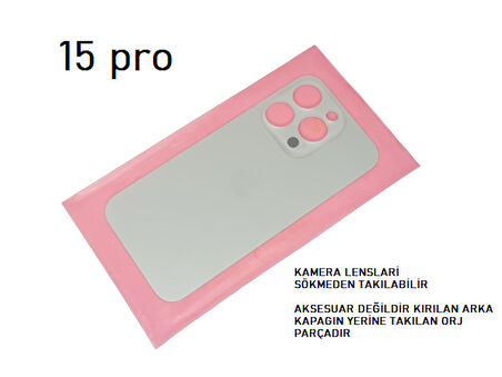 Tkgz - iPhone 15 PRO Arka Pil Batarya Kapağı - Cam kapak Geniş Lens Deliği - GRİ