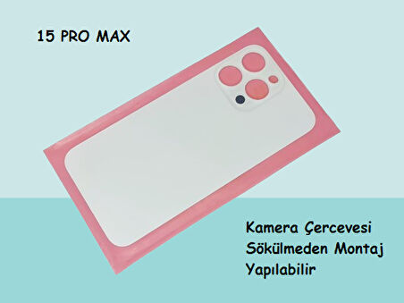 Tkgz - iPhone 15 PRO MAX Arka Pil Batarya Kapağı - Cam kapak Geniş Lens Deliği - BEYAZ