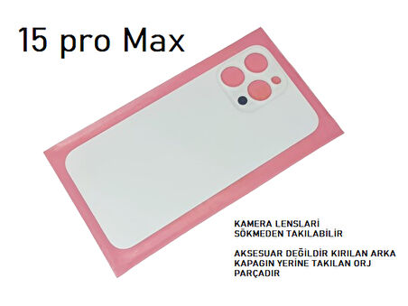 Tkgz - iPhone 15 PRO MAX Arka Pil Batarya Kapağı - Cam kapak Geniş Lens Deliği - BEYAZ