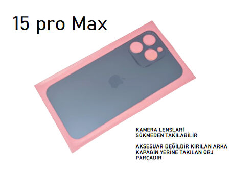 Tkgz - iPhone 15 PRO MAX Arka Pil Batarya Kapağı - Cam kapak Geniş Lens Deliği - MAVİ