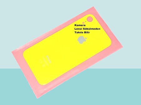 Tkgz - iPhone XR Arka Pil Batarya Kapağı - Cam kapak Geniş Lens Deliği - SARI