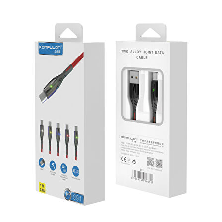 Konfulon S91 Ledli 2.4A Micro USB Kablo 1M - Siyah