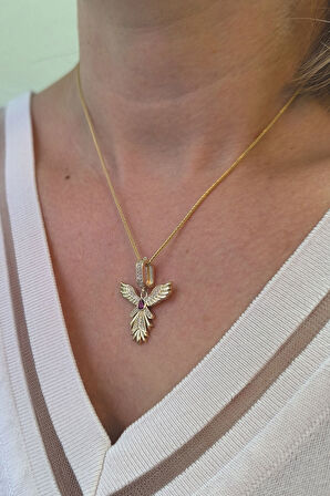 Kırmızı Taşlı Yakut-u Anka Kuşu Altın Kolye