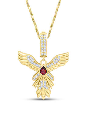 Kırmızı Taşlı Yakut-u Anka Kuşu Altın Kolye