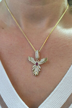 Kırmızı Taşlı Yakut-u Anka Kuşu Altın Kolye