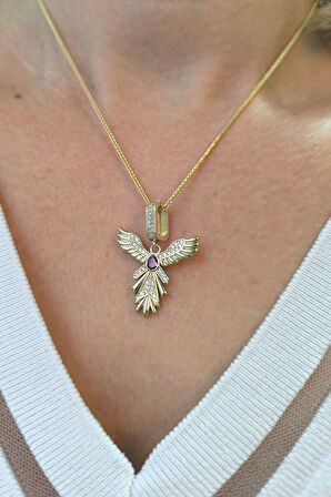 Kırmızı Taşlı Yakut-u Anka Kuşu Altın Kolye