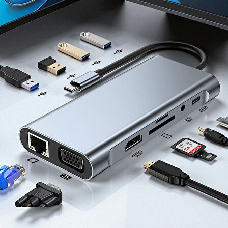 Technow Type-c To Hdmı Rj45 Type-c Sd Kart Usb 3.0 X 2 Vga Macbook 11in1 Çevirici Adaptör