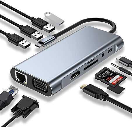 Technow Type-c To Hdmı Rj45 Type-c Sd Kart Usb 3.0 X 2 Vga Macbook 11in1 Çevirici Adaptör