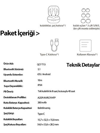QCY T13 ANC 4 Mikrofon Bluetooth 5.3 Kablosuz Kulaklık Siyah