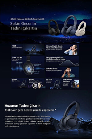 Qcy H3 Hybrid Anc Hi-Res Bluetooth 5.4 Kafaüstü Kablosuz Kulaklık Çift Cihaz desteği beyaz