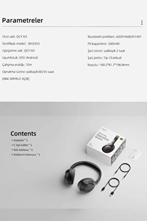 QCY H3 Hybrid ANC Hi-Res Bluetooth 5.4 Kafaüstü Kablosuz Kulaklık Çift Cihaz Desteği - Mavi