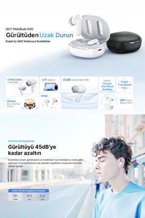Qcy Melobuds N30 Adaptif ANC Bluetooth Kulaklık 4 Mikrofon Çift Cihaz Desteği IPX4