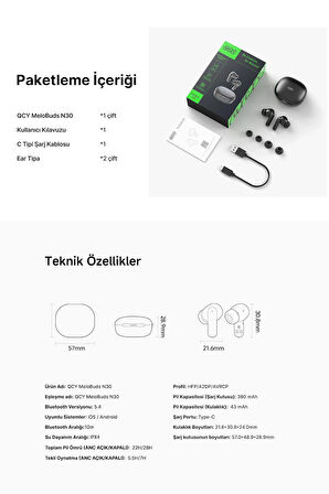 Qcy Melobuds N30 Adaptif ANC Bluetooth Kulaklık 4 Mikrofon Çift Cihaz Desteği IPX4