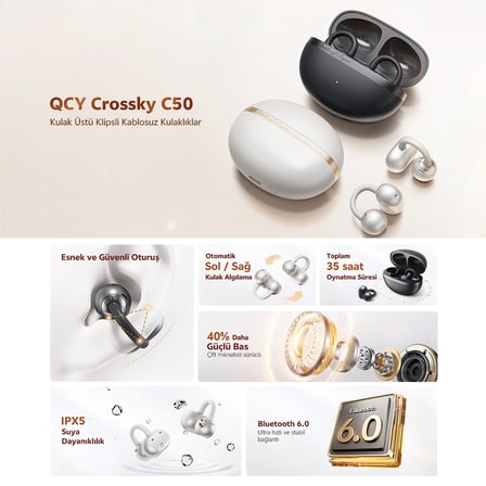 C50 Crossky Küpe Kulaklık 6.0 Çift Cihaz Çift Mıknatıs 35 Saat Dinleme 4 Mic. Gürültü Engelleme