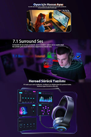 Heroad V200 RGB 7.1 Kablolu Gaming Oyuncu Kulaklığı Siyah