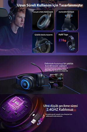 HeroaD V200 RGB 7.1 Kablosuz Gaming Oyuncu Kulaklığı 3 Modlu (BT, 2.4Ghz, Type-C) PC - PS5 - XBOX