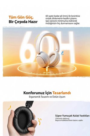 H2s Lite 6.0 Bluetooth Kulaklık ENC Net Çağrı - Çift Cihaz 40 mm Dinamik Sürücü - 60 Saat Dinle
