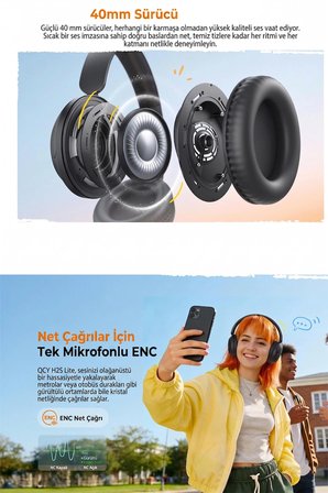 H2s Lite 6.0 Bluetooth Kulaklık ENC Net Çağrı - Çift Cihaz 40 mm Dinamik Sürücü - 60 Saat Dinle