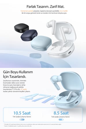 T13 Pro Bluetooth Kulaklık 6.0 - 50 dB Anc 4 Mics. ENC IPX4- 0.045 sn. Çift Cihaz - 47 Saat Dinle