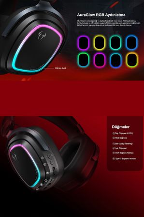 Heroad GT2 THX 7.1.4 RGB 6.0 Kablosuz Oyuncu Kulaklığı 53 mm, 26 ms, Enc 3 Mic. 127 Saat