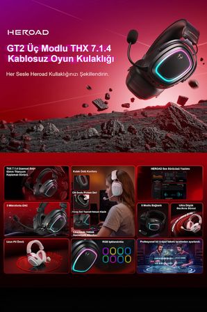 Heroad GT2 THX 7.1.4 RGB 6.0 Kablosuz Oyuncu Kulaklığı 53 mm, 26 ms, Enc 3 Mic. 127 Saat