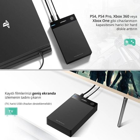 UGREEN 30849 US222 3.5" 2.5" USB 3.0 Sata Harddisk Kutusu Çepeçevre Koruma 5GB/s Veri Aktarımı + Priz Dönüştürme Aparatı