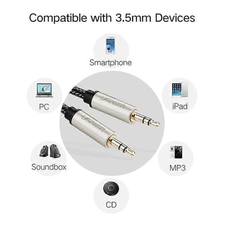 Ugreen 40779 AV125 3.5mm Erkek Hi-Fi Stereo Aux Ses Kablo Gümüş Kaplama Bakır Gövde Siyah Pamuklu File 1metre