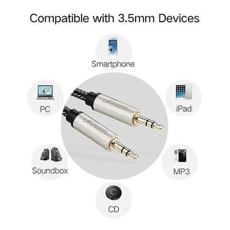 Ugreen 40781 AV125 3.5mm Hi-Fi Stereo Aux Ses Kablo Gümüş Kaplama Bakır Gövde Siyah Pamuklu File 2metre