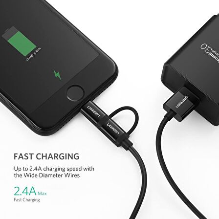 Ugreen İos Android Micro USB Lightning Şarj Kablosu 1.5 Metre