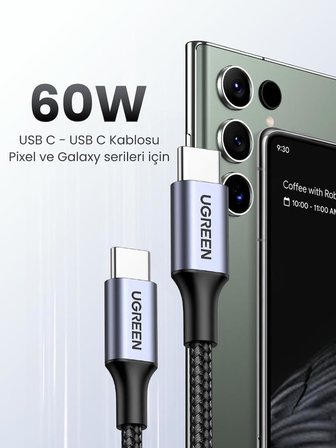 UGREEN USB C auf USB C Kablo 60W PD 2.0, PPS USB-C Ladekabel iPhone 15 Pro Max ile uyumlu Galaxy S23 S22 S21 A54 A34 A14 MacBook Air M2 iPad Pro 12.9 iPad Air 5/Mini 6, Pixel 7 Pro usw. (1M) -Teşhir