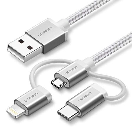 Ugreen 3'ü 1 Arada Örgülü iPhone Type-C Micro USB Şarj Kablosu Silver 1.5 Metre