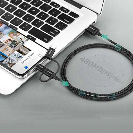 Ugreen 3'ü 1 Arada Örgülü iPhone Type-C Micro USB Şarj Kablosu Silver 1.5 Metre