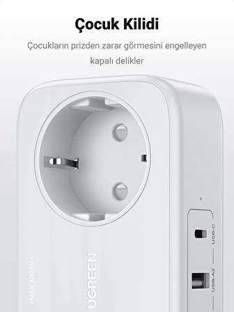 Ugreen Type-C USB Çıkışlı 2 li Akım Korumalı Grup Priz 1.8 Metre