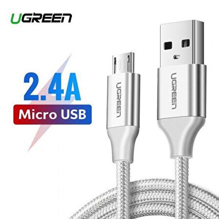 Ugreen Micro USB Örgülü Data ve Şarj Kablosu Beyaz 1 Metre