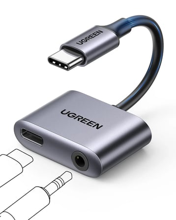 Ugreen 60164 CM231 2 in 1 USB-C to 3.5mm Aux 24bit 96kHz DAC PD Hızlı Şarj Ses Adaptörü Gri 10cm