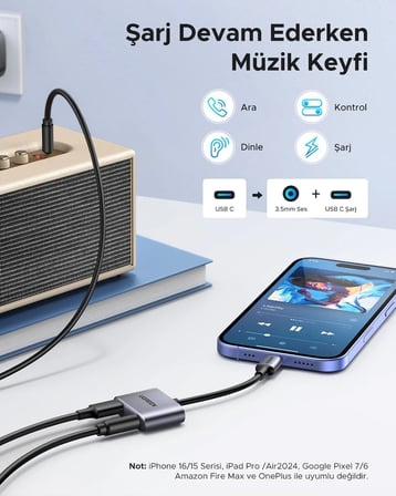 Ugreen 60164 CM231 2 in 1 USB-C to 3.5mm Aux 24bit 96kHz DAC PD Hızlı Şarj Ses Adaptörü Gri 10cm