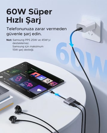 Ugreen 60164 CM231 2 in 1 USB-C to 3.5mm Aux 24bit 96kHz DAC PD Hızlı Şarj Ses Adaptörü Gri 10cm