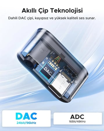 Ugreen 60164 CM231 2 in 1 USB-C to 3.5mm Aux 24bit 96kHz DAC PD Hızlı Şarj Ses Adaptörü Gri 10cm