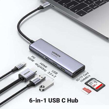 Ugreen Type-C to 2xUSB 3.0 2xUSB-C 4K/60Hz HDMI Gigabit Ethernet SD TF Kart Okuyucu Çoklayıcı Hub Adaptör Outlet