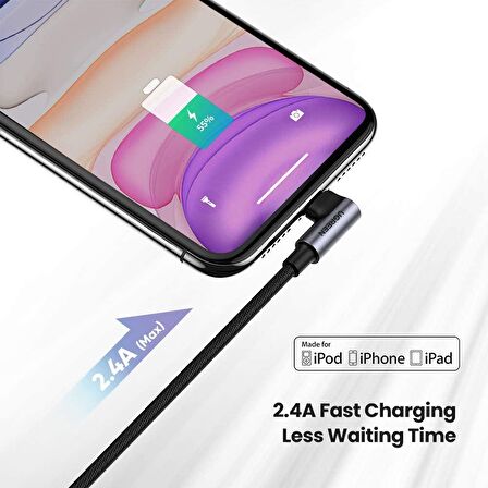 Ugreen Örgülü 90° Lightning iPhone Şarj ve Data Kablosu Siyah 1.5 Metre